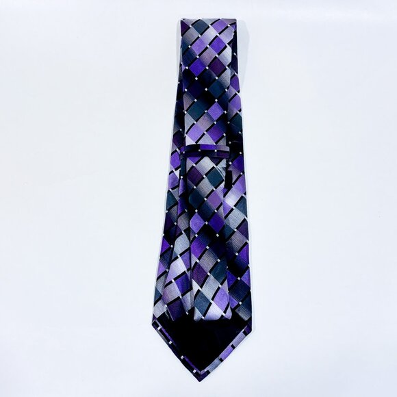 VAN HEUSEN Purple, Black & Silver Plaid Silk Tie * - Picture 4 of 5